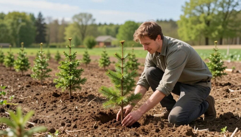 A serene spring landscape depicting the moment of planting young spruces in Poland. In the foreground, a dedicated gardener, wearing modest casual clothing, kneels beside a freshly dug hole, gently placing a young sprucet sapling into the earth. The middle ground features rows of newly planted spruces, their bright green needles contrasting against the rich brown soil, demonstrating a sense of hope and new beginnings. In the background, lush greenery emerges under clear blue skies, with soft sunlight illuminating the scene, creating a warm and inviting atmosphere. The composition captures the essence of spring planting, with an emphasis on growth, care, and the meticulous attention required for young trees to thrive. The overall mood is peaceful and optimistic, encouraging connection with nature. A serene spring landscape depicting the moment of planting young spruces in Poland. In the foreground, a dedicated gardener, wearing modest casual clothing, kneels beside a freshly dug hole, gently placing a young sprucet sapling into the earth. The middle ground features rows of newly planted spruces, their bright green needles contrasting against the rich brown soil, demonstrating a sense of hope and new beginnings. In the background, lush greenery emerges under clear blue skies, with soft sunlight illuminating the scene, creating a warm and inviting atmosphere. The composition captures the essence of spring planting, with an emphasis on growth, care, and the meticulous attention required for young trees to thrive. The overall mood is peaceful and optimistic, encouraging connection with nature.