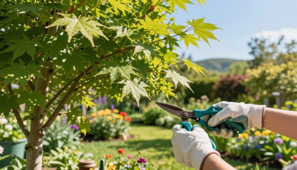 A serene summer garden scene in early June, capturing the essence of the season. In the foreground, a pair of hands, clad in light gloves, gently pruning lush green maple trees with scissors, showcasing fresh green leaves glistening in the sunlight. The middle ground features vibrant plant life, with colorful blooms and soft, sun-dappled grass beneath the trees. In the background, a clear blue sky stretches over distant hills, with warm sunlight illuminating the entire scene, creating a tranquil and peaceful atmosphere. The angle is slightly elevated to showcase the action of pruning, with a soft-focus effect on the background to highlight the importance of the task at hand. The overall mood is serene and reflective, inviting viewers to appreciate the beauty of early summer while emphasizing the care required in gardening.