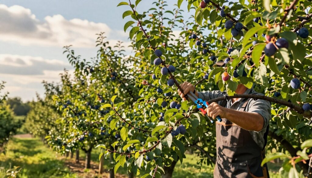 A serene summer landscape showcasing a skilled gardener performing summer pruning on a plum tree. In the foreground, the gardener, wearing professional gardening attire, carefully uses pruning shears to remove excess branches and leaves, promoting healthier growth. The middle ground features a lush, green plum tree with vibrant leaves and clusters of small plums, illustrating the effects of effective pruning on crown density. In the background, a sunny sky with soft clouds casts warm, natural light, enhancing the vivid colors of the foliage. The atmosphere is tranquil and productive, conveying the importance of summer pruning for maintaining the health of plum trees. The composition captures both the detail of the pruning process and the overall beauty of the orchard.