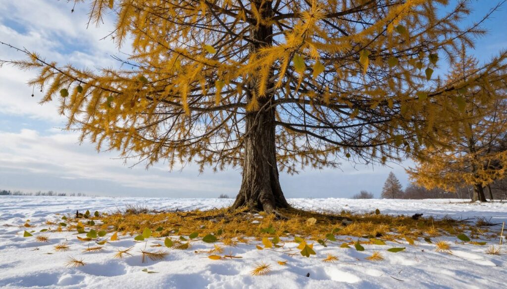 A serene winter landscape featuring a larch tree shedding its needles. In the foreground, vibrant yellow and green larch needles are scattered on a snow-covered ground, highlighting the seasonal change. The middle ground displays a tall, majestic larch tree with branches partially bare and some needles still clinging on, hinting at the natural phenomenon of needle drop. The background includes a soft-focus view of a pale blue sky dotted with wispy clouds, creating a tranquil atmosphere. The scene is illuminated by gentle sunlight, casting soft shadows and enhancing the warm tones of the needles against the coolness of the snow. The overall mood is calm and reflective, emphasizing the beauty of nature's cycles.