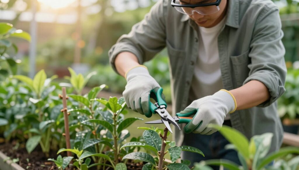A skilled gardener carefully pruning clonal plants step by step, surrounded by lush greenery. In the foreground, a close-up of sharp pruning shears poised over a plant branch, glistening in soft, natural light. The middle layer features the gardener, dressed in modest casual clothing, focused on making precise cuts at the right angles, wearing gloves and safety goggles for protection. The background displays a serene garden scene with various clonal plants, some already pruned, showcasing the healthy, vibrant growth that follows attentive care. The atmosphere is calm and professional, emphasizing the importance of proper techniques, with warm sunlight filtering through the leaves, creating a gentle, inviting ambiance.
