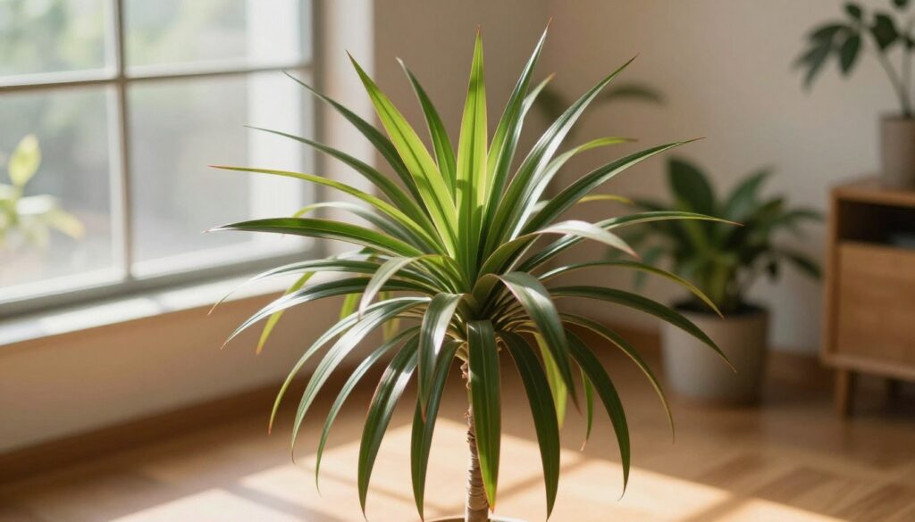 A stunning Dracaena marginata plant, known for its striking “palm-like” appearance, positioned prominently in the foreground. The plant features long, arching leaves that are slender and tapering, adorned with reddish edges, showcasing vibrant green hues. The middle ground features a serene indoor setting with soft, diffused sunlight filtering through a large window, casting gentle shadows on the wooden floor. In the background, subtle hints of other houseplants and light-colored walls create a tranquil atmosphere, enhancing the overall aesthetic. The lighting is warm and inviting, creating a cozy feel that emphasizes the lush foliage of the dracaena. The image should be captured from a slightly elevated angle, highlighting the plant's graceful architecture without any text or distractions.