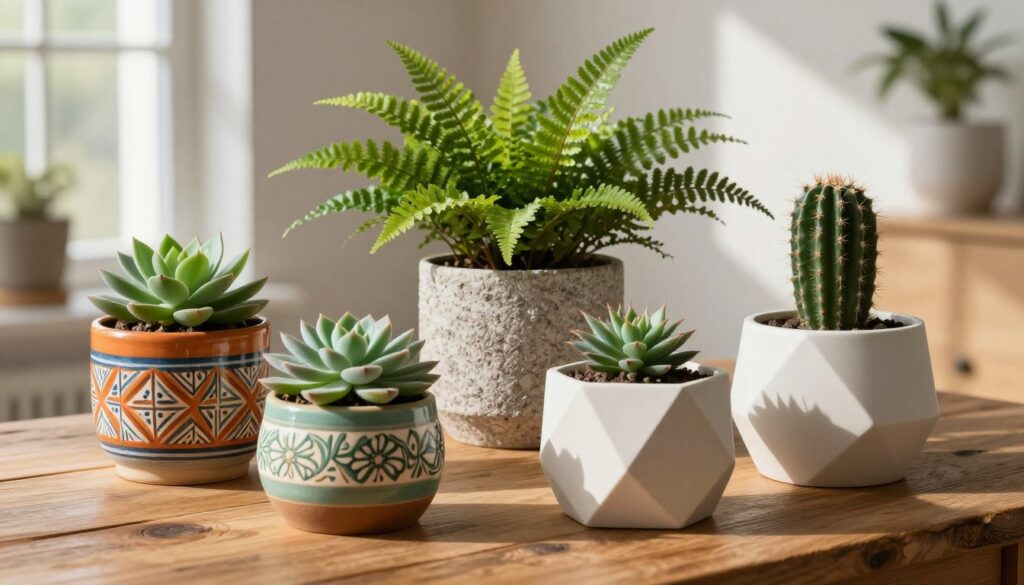 A stylish arrangement of various planters made from ceramics, PLA 3D prints, and recycled materials, placed on a rustic wooden table. In the foreground, vibrant ceramic pots with intricate designs showcase succulent plants, next to a sleek, modern PLA planter with a geometric shape holding a small cactus. In the middle, a recycled material pot with a textured finish contains a lush fern, highlighting eco-friendly design. The background features soft natural lighting filtering through a window, casting gentle shadows, enhancing the warm and inviting atmosphere of a stylish home interior. The overall mood is harmonious and fresh, showcasing creative plant display ideas. A stylish arrangement of various planters made from ceramics, PLA 3D prints, and recycled materials, placed on a rustic wooden table. In the foreground, vibrant ceramic pots with intricate designs showcase succulent plants, next to a sleek, modern PLA planter with a geometric shape holding a small cactus. In the middle, a recycled material pot with a textured finish contains a lush fern, highlighting eco-friendly design. The background features soft natural lighting filtering through a window, casting gentle shadows, enhancing the warm and inviting atmosphere of a stylish home interior. The overall mood is harmonious and fresh, showcasing creative plant display ideas.