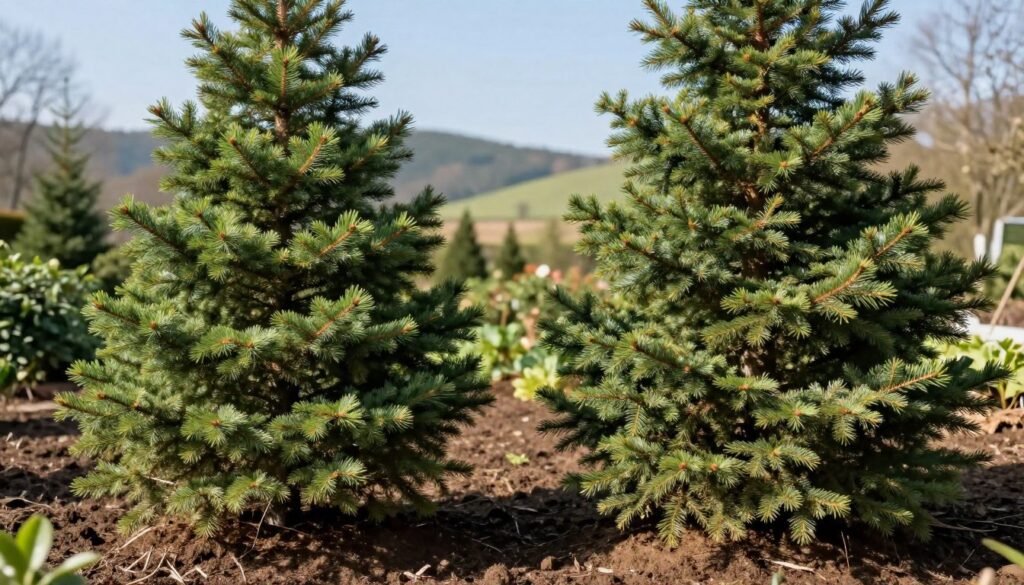 A tranquil garden scene showcasing a side-by-side comparison of a fir tree (jodła) and a spruce tree (świerk) in a natural setting. In the foreground, focus on the vibrant green foliage of the two trees, with their distinct needle shapes clearly visible. The middle ground should feature rich, fertile soil with visible texture, demonstrating the soil conditions suitable for each tree type. In the background, a softly blurred landscape of rolling hills under a clear blue sky adds depth. The sunlight filters through the leaves, casting gentle shadows on the ground, creating a serene atmosphere. The image conveys a sense of growth and harmony, perfect for an informative article on gardening choices.