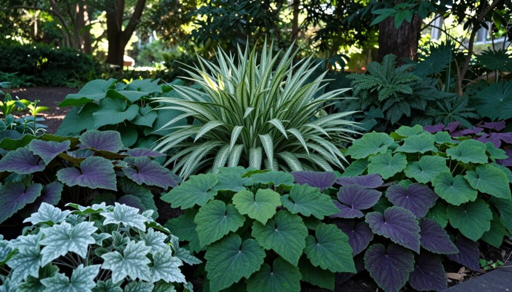 A tranquil shaded garden scene featuring a variety of ornamental perennial plants with striking foliage. In the foreground, lush, heart-shaped leaves in deep greens and purples are interspersed with silvery variegated leaves, showcasing an array of textures and shapes. The middle ground includes elegantly tall, feathery leaves with intricate patterns, standing amidst clusters of round leafy plants creating a layered effect. The background reveals a soft focus of dense trees that diffuse sunlight, creating dappled light patterns on the ground. The atmosphere is serene and refreshing, evoking a sense of coolness and tranquility. The lighting is soft, mimicking early morning light with a gentle glow, emphasizing the vibrancy of the leaves against a rich, dark earth tone. The angle is slightly elevated, inviting a broad view of this lush foliage arrangement.