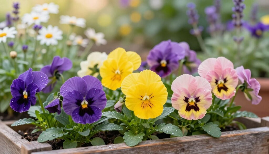 A vibrant and harmonious arrangement of pansies (bratki) in a rustic wooden planter, showcasing a variety of colors including deep purples, sunny yellows, and soft pinks, with lush green foliage. In the foreground, focus on the intricate details of the flower petals, dew drops glistening in the morning light. The middle ground features a gently blurred background of a sunny garden scene with other complementary flowers like daisies and lavender, enhancing the natural look. Soft, diffused sunlight bathes the scene, creating an inviting and cheerful atmosphere. Shot with a shallow depth of field to emphasize the pansies, evoking a sense of tranquility and beauty in nature.