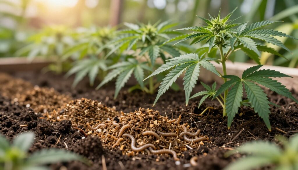 A vibrant and healthy organic fertilizer spread across rich, dark soil, with lush green cannabis clones thriving nearby. In the foreground, focus on the textured organic materials - compost, plant remnants, and earthworms, showcasing their natural elements. The middle ground features robust cannabis plants with broad, glossy, deep green leaves, indicating vitality and health. In the background, a softly blurred garden setting under gentle sunlight, bathing the scene in a warm, inviting glow. The atmosphere is calm and nurturing, evoking a sense of growth and sustainability. Use a shallow depth of field to emphasize the fertilizer and plants, while softening the garden behind them, conveying focus and clarity on organic practices.