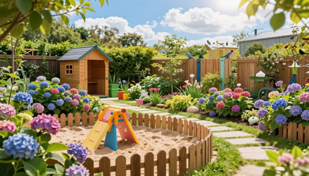 A vibrant and inviting garden designed with children's safety in mind, featuring a lush area filled with colorful hydrangeas and other non-toxic plants. In the foreground, a soft play area with a sandbox and play equipment, surrounded by a wooden fence. In the middle ground, a well-maintained path leads through the garden, showcasing various plants labeled as safe for children, with a bright, sunny atmosphere. The background includes a cheerful wooden shed and birds perched on the fence, under a clear blue sky with fluffy white clouds. The lighting is warm and natural, creating a joyful feel, reminiscent of a perfect summer day. The scene should evoke a sense of security and tranquility, emphasizing a child-friendly environment. A vibrant and inviting garden designed with children's safety in mind, featuring a lush area filled with colorful hydrangeas and other non-toxic plants. In the foreground, a soft play area with a sandbox and play equipment, surrounded by a wooden fence. In the middle ground, a well-maintained path leads through the garden, showcasing various plants labeled as safe for children, with a bright, sunny atmosphere. The background includes a cheerful wooden shed and birds perched on the fence, under a clear blue sky with fluffy white clouds. The lighting is warm and natural, creating a joyful feel, reminiscent of a perfect summer day. The scene should evoke a sense of security and tranquility, emphasizing a child-friendly environment.