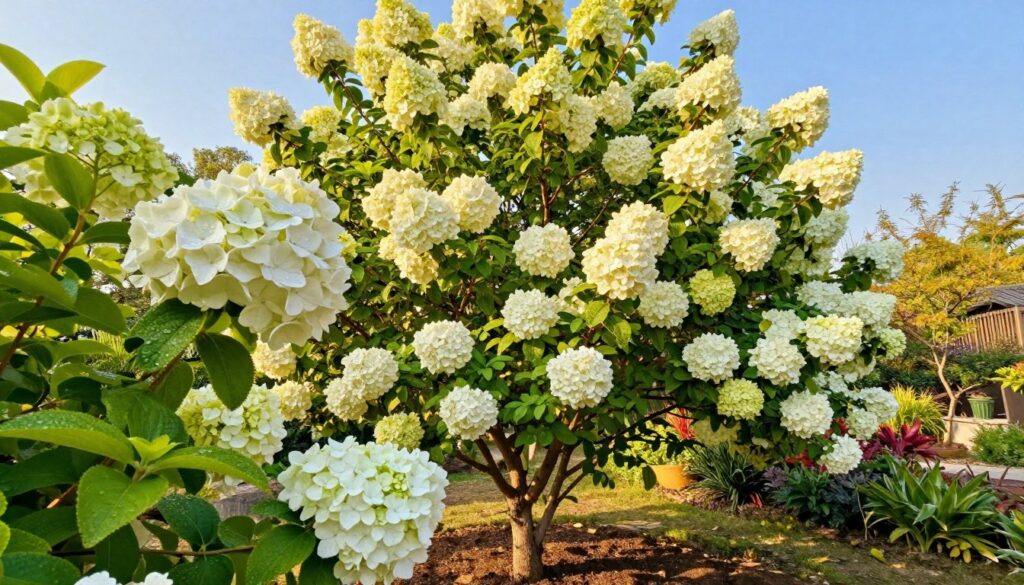 A vibrant and lush hydrangea tree bathed in warm, golden sunlight, showcasing its large, round clusters of creamy white flowers with hints of soft green. In the foreground, vivid green leaves frame the flowers, glistening with morning dew. The middle ground features the tree standing gracefully in a well-maintained garden, with rich, dark soil and various ornamental plants surrounding it. In the background, a clear blue sky enhances the cheerful and uplifting mood of a sunny day. The photo is taken from a slightly lower angle, capturing the flowers in full bloom against the sky, with gentle, diffused lighting that emphasizes their delicate textures. The atmosphere is serene and inviting, embodying a perfect summer day.