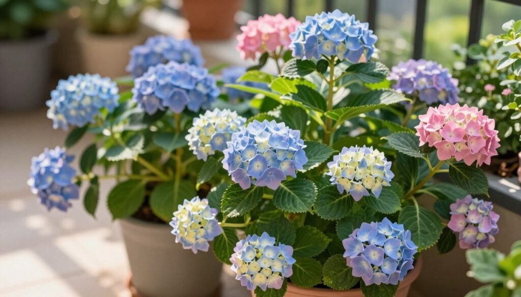 A vibrant arrangement of dwarf hydrangeas, showcasing their lush, colorful flowers in shades of blue, pink, and white. In the foreground, focus on several compact hydrangea plants, each in decorative pots, perfectly suited for small balcony spaces. The flowers are in full bloom, displaying intricate petal details. In the middle ground, incorporate lush green leaves that complement the vibrant blooms, with sunlight filtering through, casting soft shadows. The background features a softly blurred patio setting, suggesting an inviting outdoor atmosphere. The scene is bathed in warm, natural light, enhancing the cheerful and tranquil vibe of a balcony garden. Capture this in a slightly elevated angle to emphasize the beauty of the hydrangeas and their arrangement.