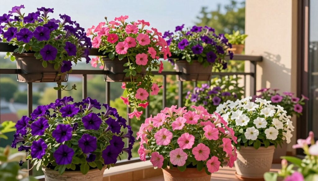 A vibrant balcony garden featuring a stunning display of petunias in various colors including deep purple, bright pink, and soft white. In the foreground, lush petunia plants are blooming in ornamental pots, showcasing their full, bushy forms. The middle ground reveals a well-tended balcony with a stylish railing adorned with cascading petunia vines, emphasizing a lush, abundant feel. In the background, a soft-focus garden view includes hints of green foliage and a serene, blue sky. The scene is bathed in warm, golden hour lighting that casts gentle shadows, creating a peaceful and inviting atmosphere. Emphasize the beauty and variety of petunias, ideal for a catalog-like appearance in a home garden setting.