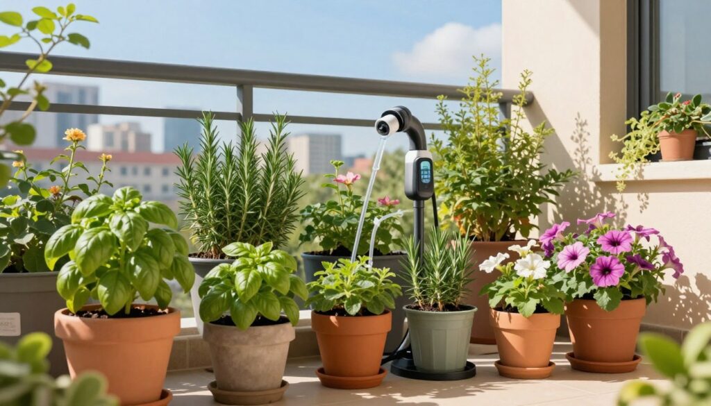 A vibrant balcony garden scene showcasing an automated irrigation system for potted plants. In the foreground, colorful flower pots and herb containers are arranged neatly, featuring a variety of plants like basil, rosemary, and petunias. The middle ground emphasizes a sleek drip irrigation setup, with tubes and timers artistically integrated among the flora. In the background, a city skyline is visible under clear blue skies, bathed in warm sunlight, creating a tranquil atmosphere. The lighting casts soft shadows, highlighting the lush greenery and the modern irrigation technology. The image should invoke a sense of peaceful gardening ease, reflecting innovative solutions for balcony watering. No text, logos, or watermarks included. A vibrant balcony garden scene showcasing an automated irrigation system for potted plants. In the foreground, colorful flower pots and herb containers are arranged neatly, featuring a variety of plants like basil, rosemary, and petunias. The middle ground emphasizes a sleek drip irrigation setup, with tubes and timers artistically integrated among the flora. In the background, a city skyline is visible under clear blue skies, bathed in warm sunlight, creating a tranquil atmosphere. The lighting casts soft shadows, highlighting the lush greenery and the modern irrigation technology. The image should invoke a sense of peaceful gardening ease, reflecting innovative solutions for balcony watering. No text, logos, or watermarks included.