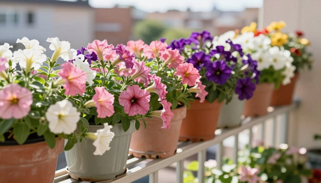 A vibrant balcony scene featuring a lush display of surfinia petunias hanging gracefully in colorful pots. In the foreground, focus on the delicate petals of pink, purple, and white surfinia flowers, showcasing their cascading growth habit. The middle ground reveals several planters filled with these flourishing blooms, demonstrating their rich textures and vibrant colors. The background includes a blurred view of a sunny urban environment, with soft sunlight illuminating the flowers, creating a warm and inviting atmosphere. Capture the rich greens of the leaves alongside the vivid flower colors, emphasizing the lively essence of summer. Use a shallow depth of field to enhance the focus on the surfinia, while ensuring the lighting is bright and cheerful, evoking the joy of gardening on a balcony.