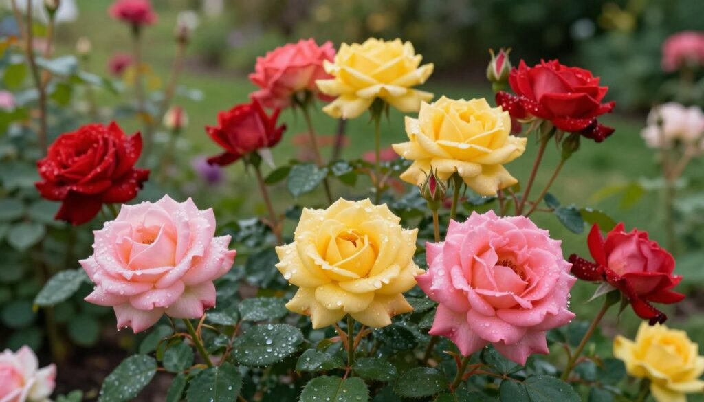 A vibrant close-up of blooming roses in a lush garden setting, showcasing an array of colors including deep reds, soft pinks, and bright yellows. The foreground features delicate petals glistening with morning dew, while the middle ground includes verdant green leaves and some buds yet to bloom. In the background, a soft-focus garden scene reveals blurred hints of other plants and flowers to create depth. Soft, natural lighting filters through the leaves, casting gentle shadows and highlighting the textures of the petals. The atmosphere is serene and hopeful, evoking a sense of beauty and growth, perfect for illustrating the theme of why roses bloom and the importance of care in gardening.