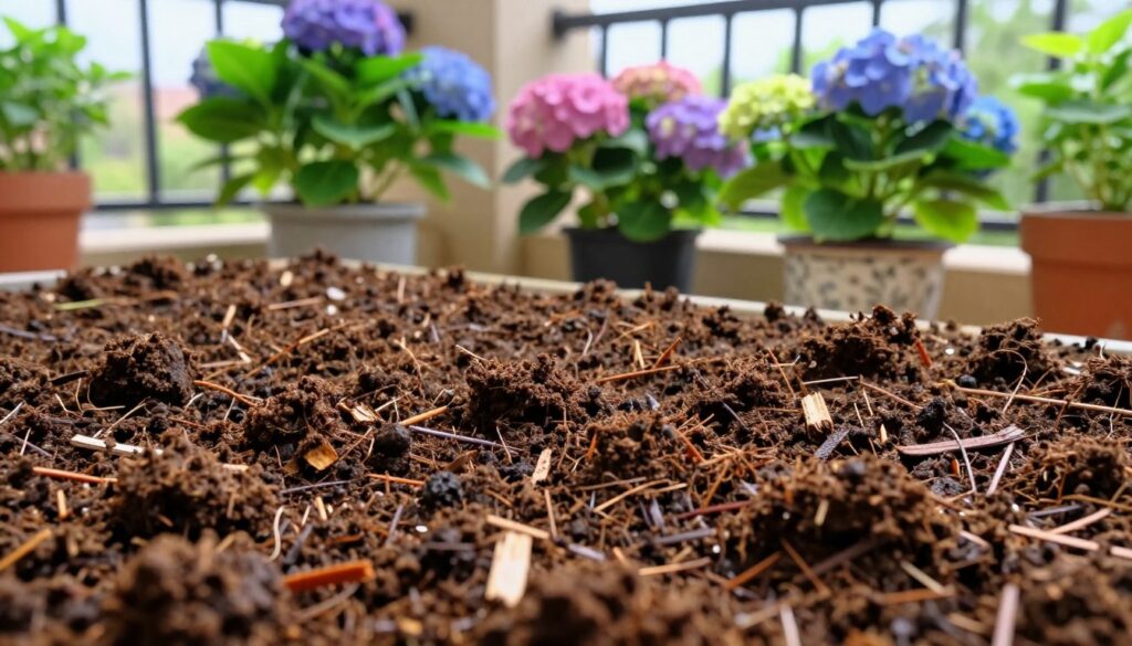 A vibrant close-up of rich, dark potting soil specifically formulated for hydrangeas, showcasing its texture and composition. In the foreground, focus on the soil mixed with organic material like peat and bark, glistening slightly as if freshly tilled. In the middle ground, small hydrangea plants in decorative pots with lush, green foliage and clusters of colorful blooms, demonstrating vitality. The background features a tranquil balcony scene, softly blurred, with natural light streaming in, creating a warm, inviting atmosphere. The angle should emphasize the depth of the soil, capturing the essence of nurturing plants. The overall mood is serene and nurturing, ideal for showcasing the importance of quality substrate for healthy hydrangeas.