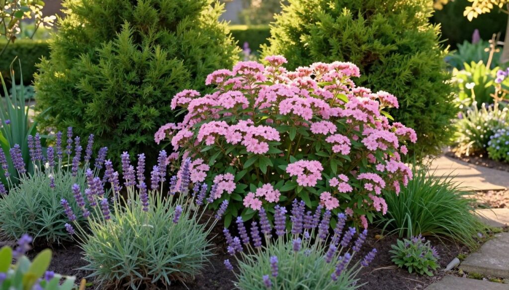 A vibrant composition featuring a Japanese Spirea plant (Spiraea japonica) in full bloom, showcasing its delicate, pink flowers. In the foreground, gentle clusters of low-maintenance perennials such as lavender and decorative grasses intermingle, enhancing the spirea's color with their soft purple and green hues. The middle ground displays the spirea surrounded by lush, evergreen shrubs that provide a cohesive feel to the arrangement. The background reveals a serene garden setting bathed in warm golden hour light, casting soft shadows on the ground. The lens captures the scene from a slightly elevated angle, creating a harmonious balance, inviting the viewer into this tranquil, low-maintenance garden space. The mood is peaceful and inviting, celebrating the beauty of effortless gardening.