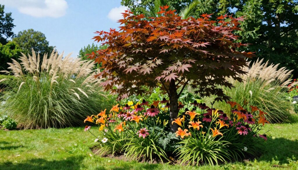 A vibrant composition featuring a palm maple tree as the central focus, set in a lush Polish garden. In the foreground, clusters of colorful perennial flowers, such as daylilies and coneflowers, bloom around the tree, creating a lively contrast with its unique foliage. The middle ground is filled with ornamental grasses swaying gently in a soft breeze, adding texture and movement. The background showcases a serene blue sky, partially filtered sunlight creating dappled shadows on the lush green grass. Capture the scene from a slightly elevated angle to emphasize depth and layering, evoking a warm and inviting atmosphere, perfect for an enchanting summer day in the garden. The image should be bright and colorful, with an emphasis on the harmonious coexistence of plants.