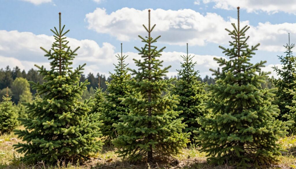 A vibrant, detailed scene of Serbian spruce trees (Picea omorika) at different heights, showcasing their rapid growth. In the foreground, a group of mature trees reaching heights between several to a dozen meters, with lush, green needles and a sturdy trunk. The middle ground features younger saplings, indicating various stages of growth, while a soft, blurred background includes a serene forest landscape under a bright blue sky with fluffy white clouds. The sunlight filters through the branches, casting gentle dappled shadows on the ground, creating an inviting and serene atmosphere. The overall mood is peaceful and natural, emphasizing the beauty and vitality of these trees in a typical woodland setting.