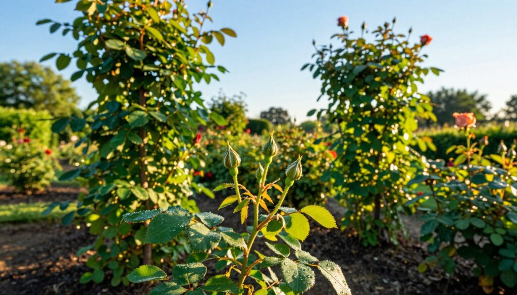 A vibrant garden scene bathed in golden sunlight, showcasing lush, healthy rose bushes bursting with green foliage, but devoid of flowers. In the foreground, a close-up of delicate rose buds hints at their potential, surrounded by lush green leaves glistening with morning dew. The middle ground features several rose bushes positioned strategically to receive the sunlight filtering through branches, creating a warm and inviting atmosphere. In the background, soft-focus greenery and a clear blue sky complete the serene setting. The overall mood is one of hopeful anticipation, emphasizing the importance of sunlight in the blooming process, with bright, natural lighting illuminating the scene to highlight the beauty of the roses and their surroundings.