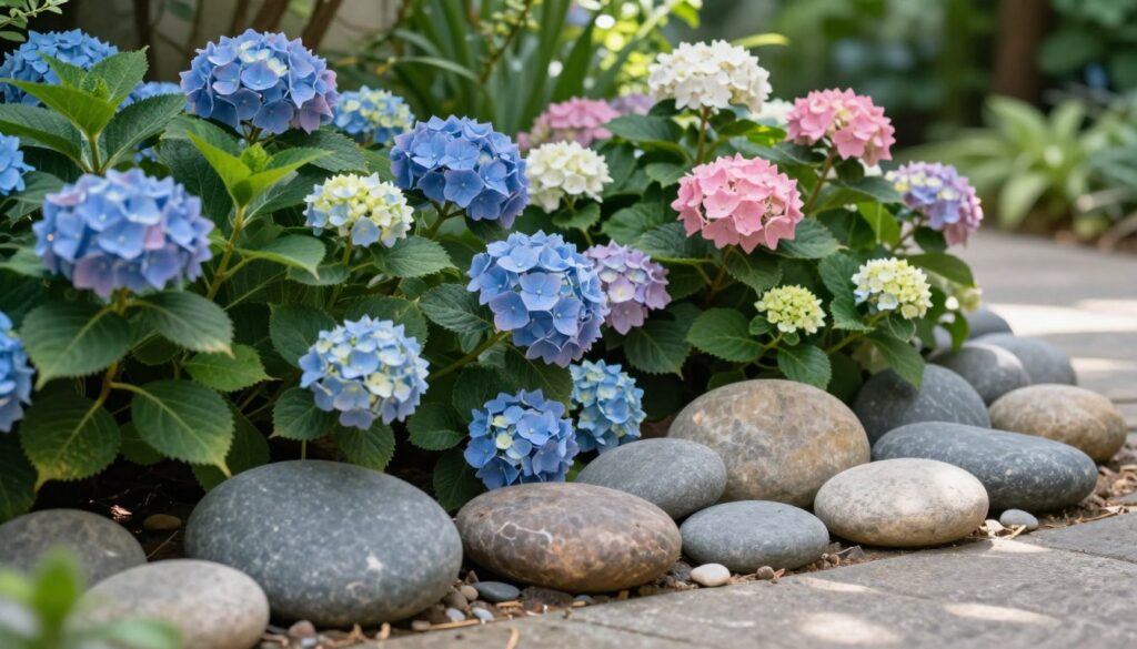 A vibrant garden scene featuring a variety of stones carefully placed around lush, blooming hydrangea plants. In the foreground, focus on smooth, round pebbles in varying shades of gray and earthy colors, contrasting with the rich greens of the foliage. The middle ground showcases colorful hydrangeas in full bloom, with rich blues, pinks, and whites, illustrating their health and vitality. The background fades into a soft blur of other greenery, evoking a tranquil atmosphere. Soft natural lighting filters through, creating gentle shadows that enhance the texture of the stones and plants. Capture this scene from a slightly elevated angle, inviting viewers to appreciate the thoughtful arrangement of stones that support the health of these beloved flowers.