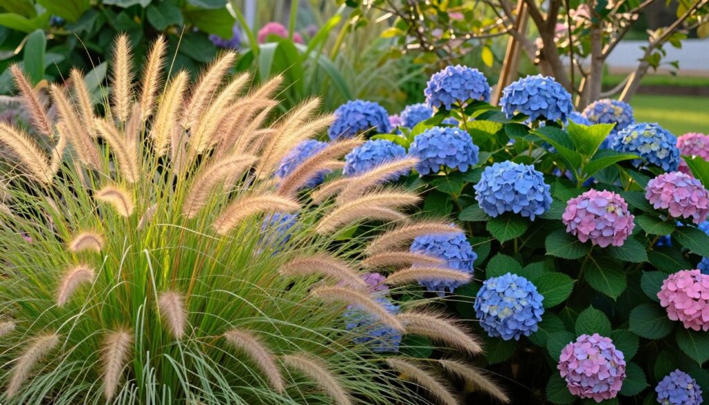 A vibrant garden scene featuring elegant ornamental grasses gracefully swaying beside lush hydrangeas. In the foreground, a mix of tall, feathery grasses in shades of gold and green gently arch, adding a sense of movement. The middle ground showcases blooming hydrangeas with large, rounded clusters of blue and pink blooms, their rich colors contrasting beautifully with the grasses. In the background, a soft focus of leafy foliage and delicate garden elements creates depth, bathed in warm, golden afternoon light. The atmosphere is serene and inviting, evoking a sense of harmony in nature. The composition captures the beauty of pairing ornamental grasses with hydrangeas in a picturesque garden setting, offering a tranquil yet lively feel. The image is shot at a slight angle to enhance the layered effect while maintaining clarity.
