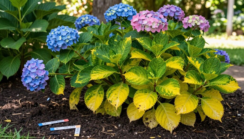 A vibrant garden scene focusing on hydrangeas showcasing yellowing leaves, indicative of chlorosis related to soil pH issues. In the foreground, detail the rich, dark soil with visible pH testing strips and iron supplements scattered among lush green and yellowing hydrangea foliage. The middle ground features several blooming hydrangea plants in varying shades of blue and pink, contrasting against the leaves. In the background, include soft-focused details of a sunlit garden with dappled light filtering through trees, creating a warm atmosphere. The lighting should be natural and bright, emulating midday sun, with a slight emphasis on the textures of the leaves and soil at a close-up angle to highlight the importance of pH levels for plant health.
