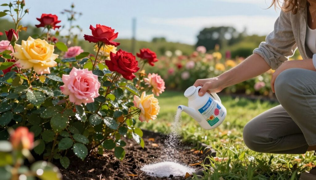 A vibrant garden scene focusing on the fertilization of roses with potassium and watering them. In the foreground, a person in a modest casual outfit kneels beside a lush rose bush, gently sprinkling a granular fertilizer around the base. Clear droplets of water glisten on the leaves, reflecting sunlight. In the middle ground, healthy, colorful roses bloom in various stages, showcasing shades of red, pink, and yellow. The background features a softly blurred garden landscape with soft green grass and a few distant trees under a clear blue sky, enhancing the tranquil mood. The lighting is warm and inviting, capturing the essence of a serene afternoon in a flourishing garden.