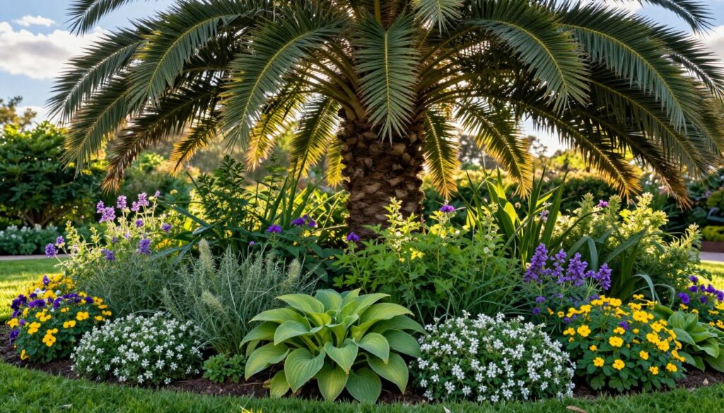 A vibrant garden scene showcasing a lush array of perennial plants and ground cover thriving beneath a majestic palm maple tree. In the foreground, a rich tapestry of colorful beddings, such as hostas and creeping thyme, forms a dense green carpet interspersed with pops of purple and yellow flowers. The middle ground features the sturdy trunk and spreading branches of the palm maple, casting dappled sunlight onto the thriving undergrowth. In the background, a softly blurred view of a blue sky and gentle clouds enhances the atmosphere of tranquility. The image captures the essence of a well-maintained garden, emphasizing healthy, vibrant plants basking in warm, natural lighting, evoking a serene and inviting mood.