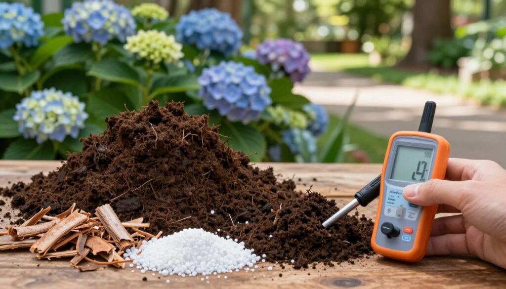 A vibrant garden scene showcasing a variety of materials used for soil acidification, including a pile of rich, dark acidic peat moss, pieces of finely shredded bark, and granules of sulfur scattered on a wooden surface. In the foreground, a hand holds a pH meter, carefully testing the soil, reflecting the importance of pH in gardening. The middle ground features lush green hydrangeas, their colorful blooms emphasizing the need for acidic conditions. In the background, gentle sunlight filters through trees, casting dappled shadows on the ground, creating a tranquil atmosphere. The composition should be bright and inviting, with a focus on the details of the materials and the pH meter, captured with a shallow depth of field to enhance the subject.