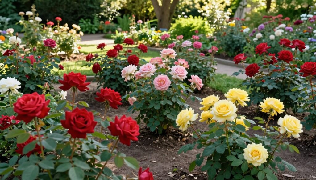 A vibrant garden scene showcasing a variety of "odmiany" rose plants in full bloom, each with distinct colors and petal shapes, creating a lush and diverse visual tapestry. In the foreground, focus on the detailed petals and foliage of two contrasting varieties: one with large, velvety red blooms and the other with delicate yellow flowers. In the middle ground, a well-organized arrangement of rose bushes illustrates the ideal spacing between them, promoting airflow and health. The background features a soft-focus garden path and gentle greenery, with sunlight streaming through trees, casting dappled shadows. The atmosphere is serene and inviting, capturing the essence of a thriving rose garden in late spring.
