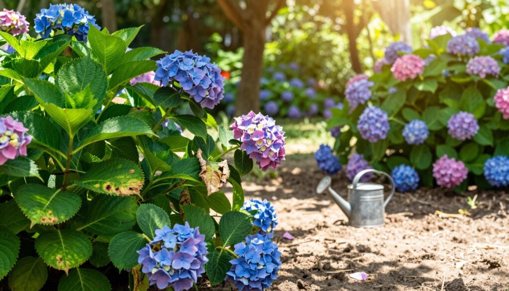 A vibrant garden scene showcasing hydrangeas struggling under the glaring sun, with some leaves displaying signs of wilting and discoloration due to sunburn. In the foreground, lush green leaves contrasted against the vivid blue and pink petals of the hydrangeas, some drooping as if stressed. The middle ground features patches of dry soil, indicating a lack of moisture, while a small watering can lies nearby, hinting at a care remedy. The background includes distant trees providing partial shade, filtered sunlight streaming through, creating a warm yet harsh atmosphere. The image captures the tension between the beauty of the flowers and the visible issues they face, highlighting the importance of proper care in sunny conditions. Soft focus and warm lighting to enhance the lively atmosphere, while maintaining a natural look.