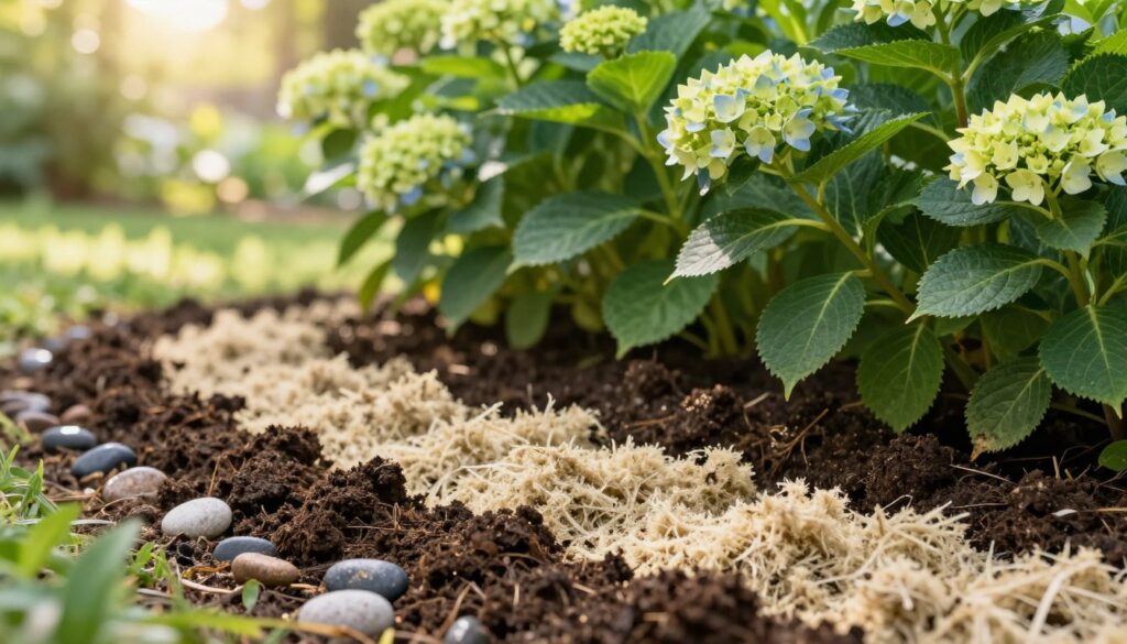 A vibrant garden setting featuring a rich, nutrient-dense substrate ideal for hydrangeas. In the foreground, freshly turned soil mixed with dark, crumbly compost and light, fluffy peat moss, showcasing their textures and colors. Interspersed are small, shiny river stones that enhance drainage. In the middle ground, soft, green hydrangea plants thrive, their lush foliage hinting at a stable moisture balance. The background features a serene, sunlit garden with gentle bokeh, emphasizing a warm, inviting atmosphere. Soft sunlight filters through the foliage, creating dappled patterns on the ground, evoking peace and vitality. The focus is sharp on the soil and hydrangeas, while the background is slightly blurred to illustrate depth, inviting viewers to engage with the gardening scene.
