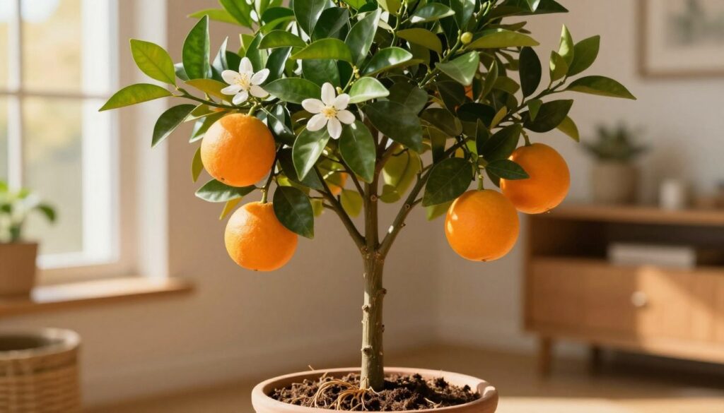 A vibrant, healthy orange tree with glossy, vibrant green leaves and bright orange fruits hanging from its branches. The foreground showcases a pot with rich soil, where the roots are slightly visible. In the middle, the tree stands tall, with one branch adorned with delicate white blossoms, highlighting its potential for fruiting. The background features a softly blurred home interior, enhancing the cozy atmosphere. Warm, golden lighting filters through a nearby window, casting gentle shadows and emphasizing the tree's colors. The overall mood conveys a serene and inviting space, perfect for showcasing the beauty of an orange tree indoors.