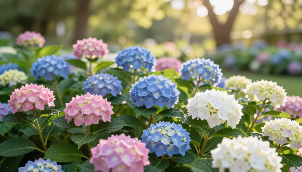 A vibrant scene featuring hydrangeas basking in the warm sunlight. In the foreground, clusters of lush, blooming hydrangeas display a variety of colors such as soft pink, deep blue, and pure white, their petals glistening with dewdrops. The middle ground reveals a bed of rich green foliage, enhancing the vibrancy of the flowers. The background features a softly blurred garden setting with hints of sunlight filtering through the leaves of nearby trees, creating dappled light effects. The atmosphere is serene and inviting, capturing the essence of a sunny day in a well-cared-for garden. The lighting is bright yet gentle, reminiscent of a late afternoon glow, showcasing the beauty of the hydrangeas under optimal growing conditions.