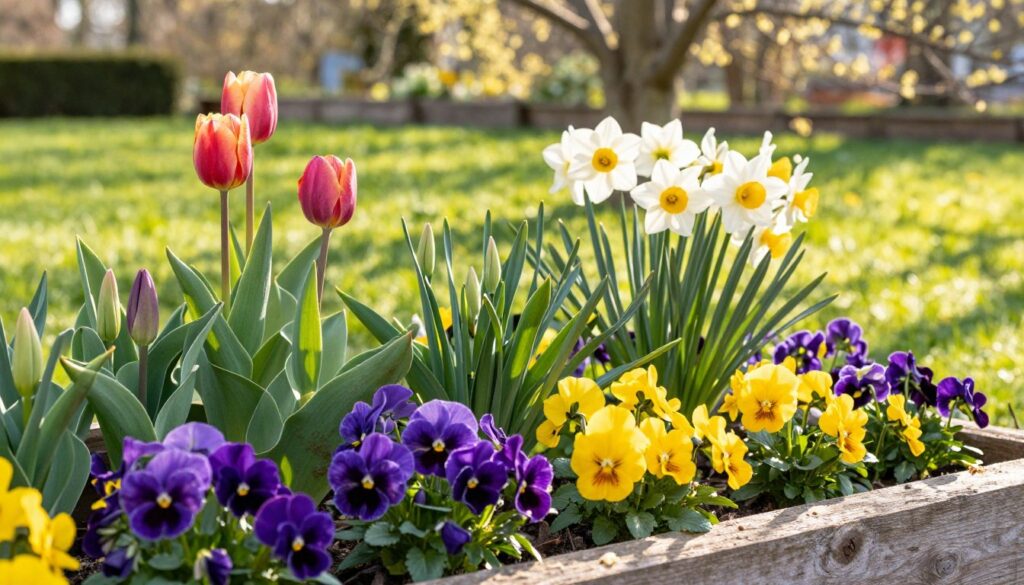A vibrant spring garden scene featuring an arrangement of colorful spring bulbs, including tulips and daffodils, alongside cheerful pansies. In the foreground, the pansies display their rich purple and yellow hues, nested in a rustic wooden planter. The middle ground showcases bright green foliage, where the budding flowers emerge, hinting at their forthcoming bloom. In the background, a soft-focus impression of green grass and distant trees adds depth, bathed in warm, golden sunlight that filters through gently swaying branches. The atmosphere is bright and fresh, evoking a sense of renewal and joy, perfect for highlighting the beautiful interactions between these spring plants. The angle captures the arrangement slightly from above, emphasizing the layers and textures.