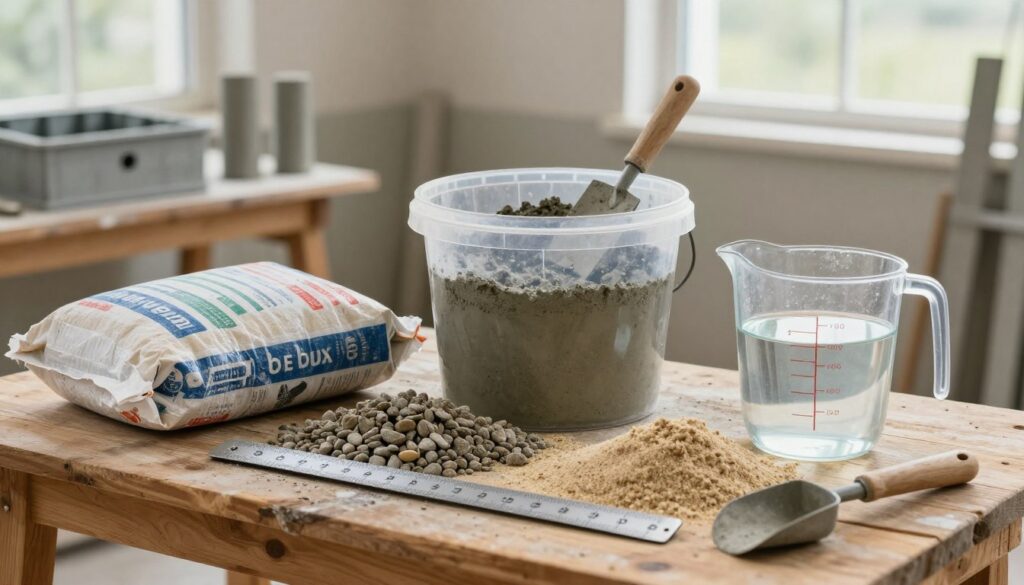 A visually detailed depiction of a concrete mixture preparation scene, focusing on proportions for fence posts. In the foreground, a sturdy wooden table displays various materials: a bag of cement, a pile of gravel, a container of sand, and a measuring jug filled with water. Carefully arranged measuring tools, like a scale and a scoop, illustrate precise ratios. In the middle ground, a clear plastic bucket partially filled with mixed concrete shows its texture, while a trowel rests nearby. The background features a workshop setting with concrete molds and a blurred window allowing soft, natural light to filter in, creating a calm and industrious mood. The scene conveys clarity and the importance of precise proportions in achieving stability for fence posts.