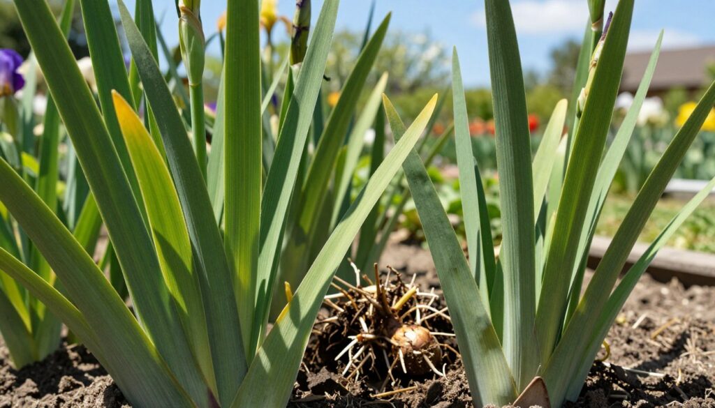 A vivid close-up of lush green irises interspersed with their delicate leaves, showcasing signs of need for replanting and dividing. In the foreground, a cluster of healthy iris leaves with subtle yellowing tips reveals their need for attention. The middle ground features a carefully dug-up iris clump, its exposed roots and tubers visible, hinting at the process of replanting. The background is a soft-focus, sunny garden setting with blurred flower beds and blue skies, suggesting a vibrant day. Natural sunlight illuminates the scene, creating gentle shadows that enhance the textures of the leaves and soil. The atmosphere should feel calm and inviting, resonating with the theme of nurturing and gardening.