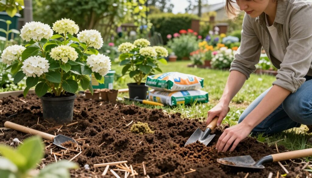 A well-organized garden scene depicting the step-by-step preparation of soil for planting white hydrangeas. In the foreground, a gardener kneels on rich, dark soil, wearing modest casual clothing, using a trowel to mix in organic compost. Surrounding the gardener, freshly turned soil is being amended with peat moss and mulch, showing the ideal texture for hydrangeas. In the middle ground, vibrant green hydrangea plants are arranged in pots awaiting planting, with bags of soil and gardening tools scattered nearby. The background features a sunny garden landscape, with lush trees and blooming flowers. Soft, natural lighting enhances the vibrant colors, creating a warm and inviting atmosphere. The perspective is slightly elevated, capturing the workflow and diligence of the gardener in this nurturing task.