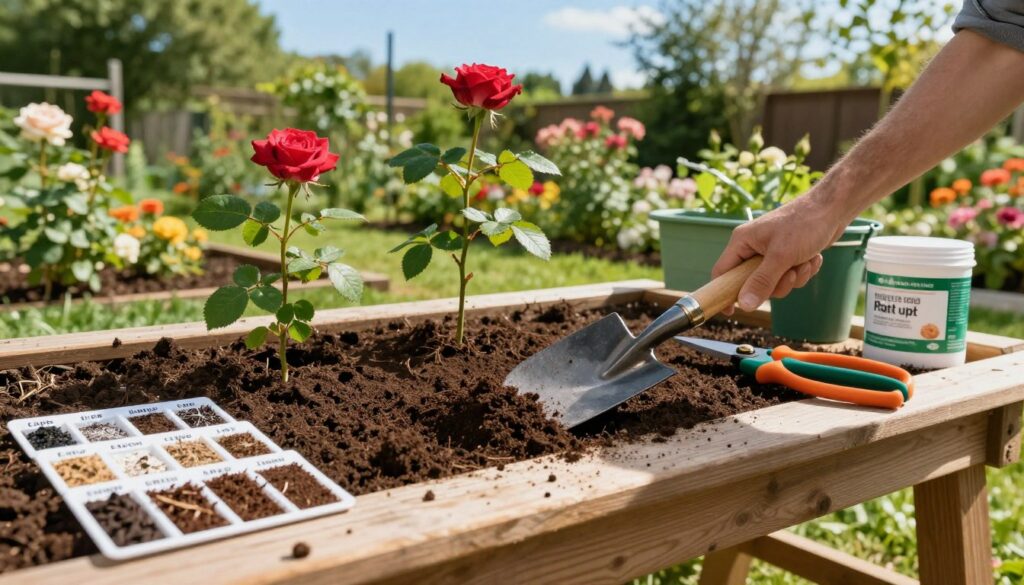 A well-organized garden workspace for rose preparation, featuring a wooden potting bench laden with gardening tools such as a trowel, pruning shears, and soil amendments. In the foreground, rich, dark soil is being turned over with a spade, showing a well-prepared area for planting roses, accompanied by labeled soil samples highlighting texture and pH levels. The middle ground includes freshly dug flower beds with vibrant rose seedlings, their leaves lush and healthy. In the background, a serene garden setting with colorful flowers, green foliage, and a clear blue sky, creating a bright, inviting atmosphere. Soft, natural sunlight filters through the trees, casting gentle shadows. The scene should evoke dedication and professionalism in horticulture.