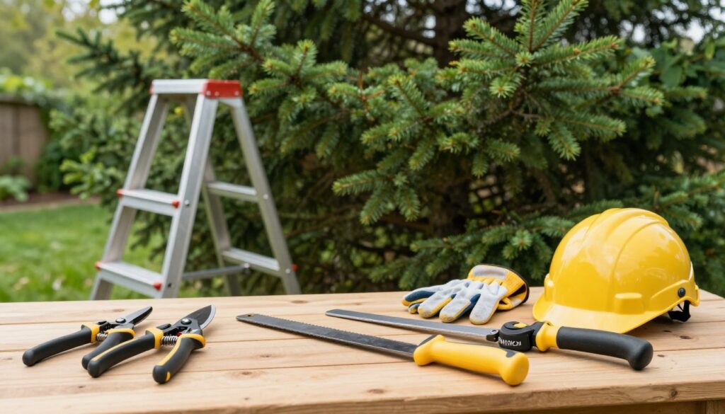 A well-organized workspace featuring essential tree trimming tools for pruning a large spruce tree. In the foreground, display high-quality pruning shears, a lopping saw, and a hedge trimmer, all neatly arranged on a wooden workbench. In the middle, show a sturdy ladder for accessing higher branches, alongside safety gloves and a helmet, emphasizing workplace hygiene and safety. The background should consist of lush greenery with a mature spruce tree, slightly out of focus to create depth. Soft, natural lighting filtering through tree branches enhances the scene's tranquility, suggesting a calm, professional atmosphere. The angle is slightly elevated to capture all elements without clutter, focusing on the tools and their utility in responsible tree care.