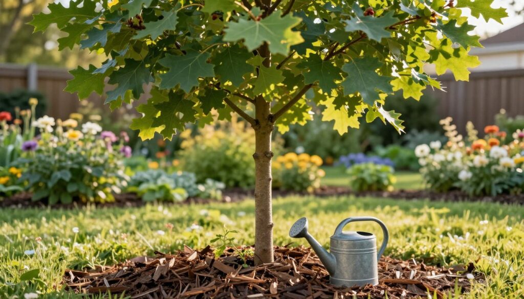 A young oak tree stands in the foreground, showcasing vibrant green leaves and a strong, sturdy trunk. Surrounding the base, a rich layer of organic mulch enhances the health of the tree. A watering can is positioned nearby, emphasizing the importance of proper watering in its early growth stages. In the middle ground, a lush garden with blooming flowers and verdant grass creates a serene atmosphere, suggesting nurturing care. A soft, golden light filters through the leaves, casting gentle shadows that evoke a sense of warmth and peace. In the background, a blurred fence and trees fade gently, providing context without distraction. The overall mood is one of growth, vitality, and attentive care for nature. The composition should be well-balanced, capturing the essence of young oak tree maintenance.