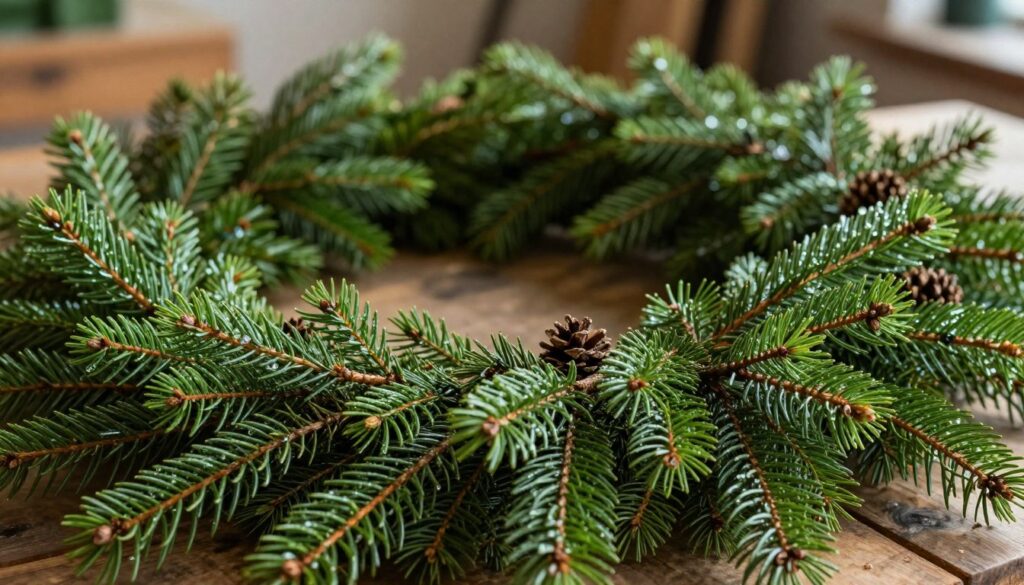Dense clusters of vibrant green spruce branches arranged together, showcasing fresh, needle-like foliage glistening with morning dew. In the foreground, focus on detailed, textured spruce twigs with hints of earthy brown bark and subtle pine cones nestled among the branches. The middle ground features a softly blurred view of the sprigs artfully arranged in a loose, cascading form, hinting at their use in a garland. The background contains a natural, softly lit setting reminiscent of a rustic workshop environment with warm, diffused light filtering in. The atmosphere conveys freshness and a cozy, inviting feel, perfect for a crafting space. Aim for a realistic depiction with crisp details while maintaining a harmonious color palette dominated by rich greens and earthy tones. Dense clusters of vibrant green spruce branches arranged together, showcasing fresh, needle-like foliage glistening with morning dew. In the foreground, focus on detailed, textured spruce twigs with hints of earthy brown bark and subtle pine cones nestled among the branches. The middle ground features a softly blurred view of the sprigs artfully arranged in a loose, cascading form, hinting at their use in a garland. The background contains a natural, softly lit setting reminiscent of a rustic workshop environment with warm, diffused light filtering in. The atmosphere conveys freshness and a cozy, inviting feel, perfect for a crafting space. Aim for a realistic depiction with crisp details while maintaining a harmonious color palette dominated by rich greens and earthy tones.