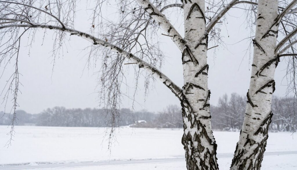 Frost-covered birch tree bark with its distinctive white and black markings, showcasing the unique peels and texture of the "kora brzozy" during winter. In the foreground, emphasize the smooth, silvery-white bark, revealing the intricate details of its layered texture. In the middle, the bare branches extend gracefully, zigzagging against a soft, overcast sky, creating a serene, tranquil atmosphere. In the background, a gentle, snowy landscape enhances the wintry mood, with soft shadows cast by the tree’s silhouette. The lighting is soft and diffused, mimicking the muted light of a cloudy winter day. The overall composition captures the elegance and simplicity of the birch tree in its stark, winter form, evoking a sense of peace and solitude.