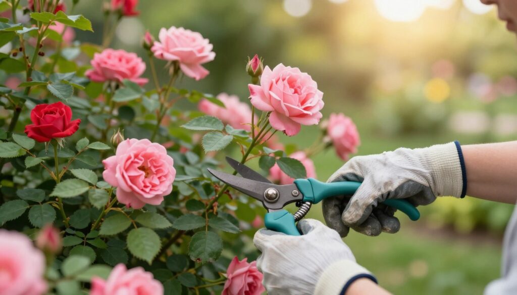 In a serene garden setting, showcase a close-up of a gardener skillfully pruning a vibrant rose bush, focusing on the delicate pink and red roses among lush green leaves. The foreground highlights the gardener's hands, wearing modest gardening gloves, carefully cutting the stems with sharp pruning shears. The middle ground features the blooming roses and freshly cut stems, while the background reveals softly blurred garden foliage and sunlight filtering through the leaves, creating a warm, inviting atmosphere. The scene should capture the essence of spring, emphasizing growth and renewal, with soft natural lighting and a shallow depth of field to draw attention to the act of pruning.