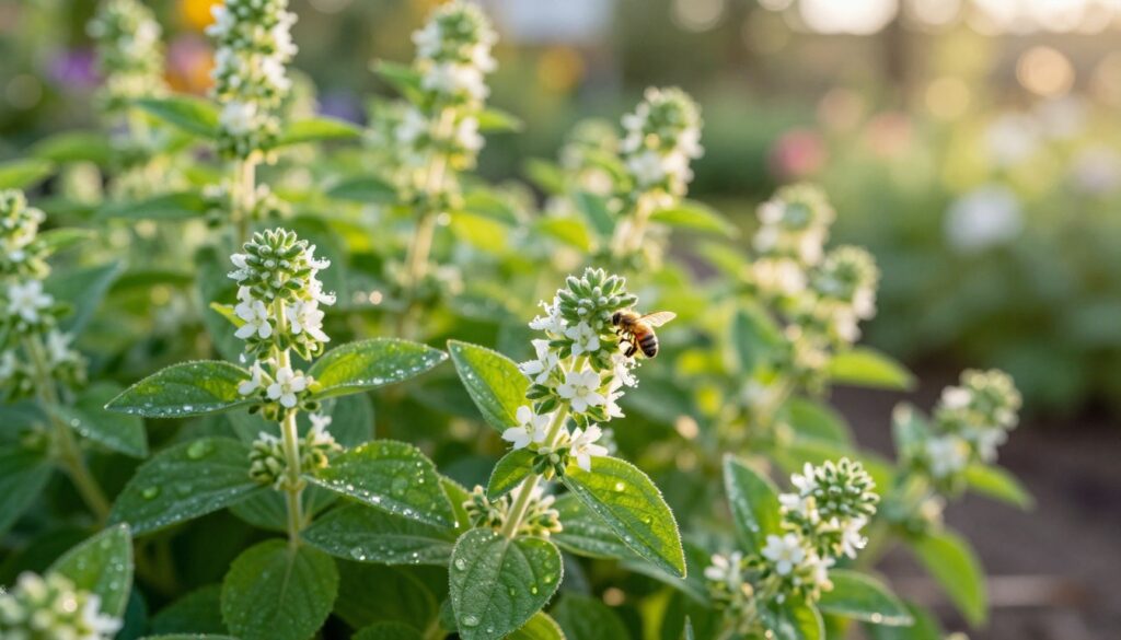 A beautiful close-up of vibrant lemon verbena (Aloysia citrodora) leaves, showcasing their textured green surface glistening with morning dew. In the foreground, several delicate clusters of small white flowers can be seen, inviting bees and butterflies to pollinate. The middle ground features the soft, feathery foliage of the verbena plant, creating a lush, aromatic display. In the background, a sunlit garden scene with soft bokeh effect, hinting at blooming flowers and greenery, enhances the tranquil atmosphere. The warm, golden light of early morning bathes the scene, evoking a sense of freshness and relaxation. The overall mood reflects the serene beauty and strong, refreshing scent of this aromatic herb, emphasizing its qualities in an inviting and elegant way.