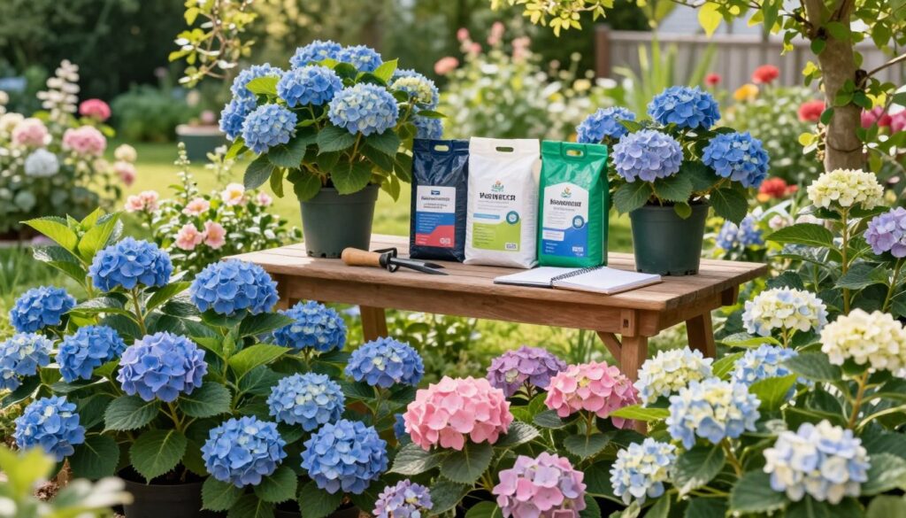 A beautifully arranged display of various hydrangea species—garden, bouquet, shrub, and climbing—showcased in a vibrant garden setting. In the foreground, lush, blooming hydrangeas in shades of blue, pink, and white are artfully arranged, with rich, green foliage enhancing their color. In the middle ground, a wooden gardening table is set with bags of specific fertilizers labeled for each type of hydrangea, along with gardening tools and a notebook, indicating careful planning for optimal growth. The background features a sunny garden landscape with blurred greenery and other flowering plants, bathed in warm, natural light. The scene radiates a sense of tranquility and meticulous care, perfect for illustrating plant nurturing and fertilization practices. A beautifully arranged display of various hydrangea species—garden, bouquet, shrub, and climbing—showcased in a vibrant garden setting. In the foreground, lush, blooming hydrangeas in shades of blue, pink, and white are artfully arranged, with rich, green foliage enhancing their color. In the middle ground, a wooden gardening table is set with bags of specific fertilizers labeled for each type of hydrangea, along with gardening tools and a notebook, indicating careful planning for optimal growth. The background features a sunny garden landscape with blurred greenery and other flowering plants, bathed in warm, natural light. The scene radiates a sense of tranquility and meticulous care, perfect for illustrating plant nurturing and fertilization practices.