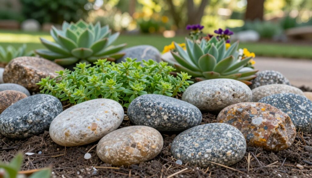 A beautifully arranged selection of natural stones suitable for a rock garden, showcasing various types such as smooth river rocks, rugged granite, and colorful quartz. In the foreground, the stones are artistically piled and positioned to create a balanced yet organic appearance, with some partially embedded in rich, dark soil. The middle ground features an assortment of vibrant green plants, including low-growing succulents and flowering perennials, harmoniously placed among the stones. The background captures a blurred, sunlit garden scene, emphasizing a serene atmosphere with soft, dappled light filtering through trees. The image should evoke a sense of tranquility and natural beauty, highlighting the stones and plants' textures in high detail, shot with a macro lens to enhance the intricate details. A beautifully arranged selection of natural stones suitable for a rock garden, showcasing various types such as smooth river rocks, rugged granite, and colorful quartz. In the foreground, the stones are artistically piled and positioned to create a balanced yet organic appearance, with some partially embedded in rich, dark soil. The middle ground features an assortment of vibrant green plants, including low-growing succulents and flowering perennials, harmoniously placed among the stones. The background captures a blurred, sunlit garden scene, emphasizing a serene atmosphere with soft, dappled light filtering through trees. The image should evoke a sense of tranquility and natural beauty, highlighting the stones and plants' textures in high detail, shot with a macro lens to enhance the intricate details.