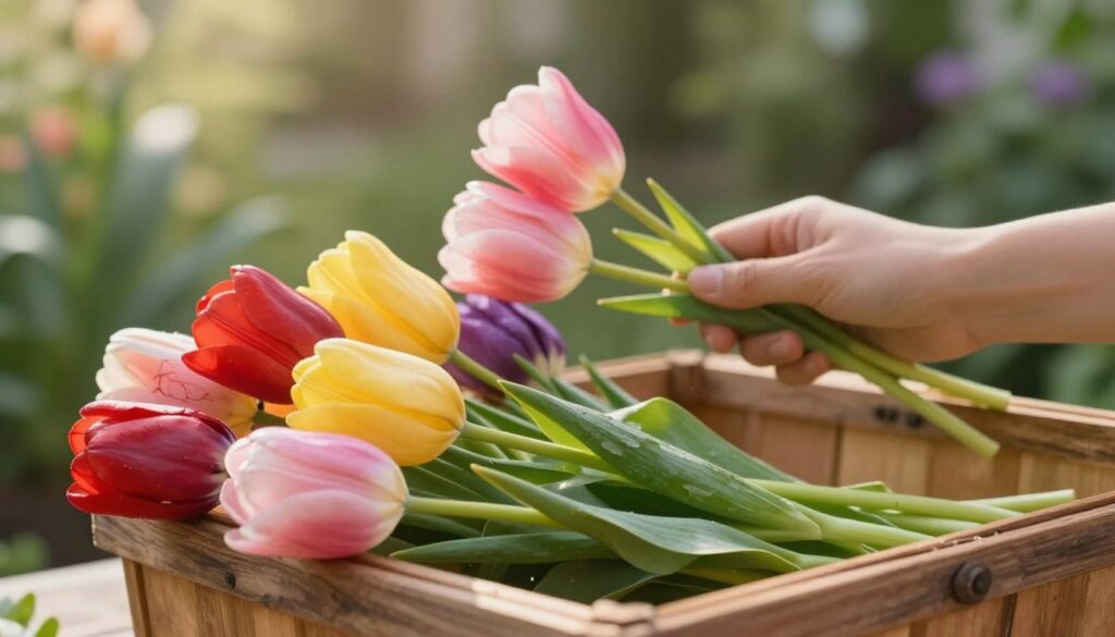 A beautifully arranged selection of vibrant tulips in various colors—red, yellow, pink, and purple—prepped for drying. The foreground features tulips with their stems carefully trimmed and organized in a rustic wooden basket. In the middle ground, a hand gently holds a couple of tulips, showcasing their delicate petals. The background includes soft, blurred greenery, hinting at a serene garden setting. The lighting is warm and natural, evoking a calm and inviting atmosphere, with soft shadows enhancing the texture of the flowers. Shot with a shallow depth of field to emphasize the tulips while maintaining a dreamy background. The overall mood is peaceful and rejuvenating, perfect for highlighting the beauty of flowers before preservation.