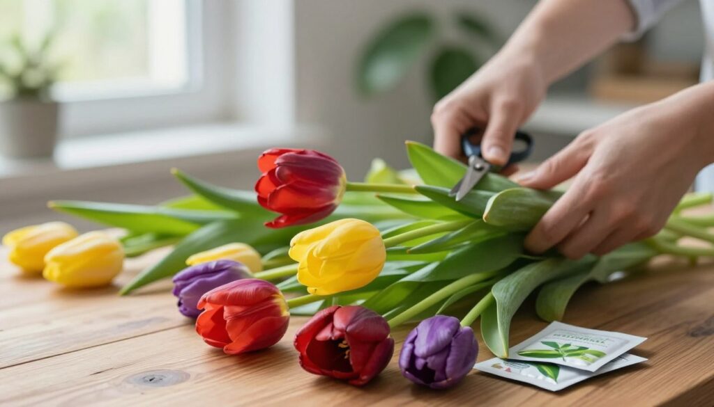 A captivating image featuring wilting tulips being revitalized. In the foreground, a clear vase with a mix of drooping, colorful tulips—deep reds, sunny yellows, and purples—rests on a wooden table, surrounded by fresh water and plant food packets. The middle ground showcases a pair of hands delicately arranging the flowers, gently trimming the stems with scissors, with vibrant green foliage in the background. Soft, natural light pours in from a nearby window, illuminating the scene and creating a warm, inviting atmosphere. The overall mood is tranquil and nurturing, conveying the theme of caring for and restoring the beauty of the tulips. Use a shallow depth of field to focus on the flowers and hands, blurring the background slightly for visual depth.