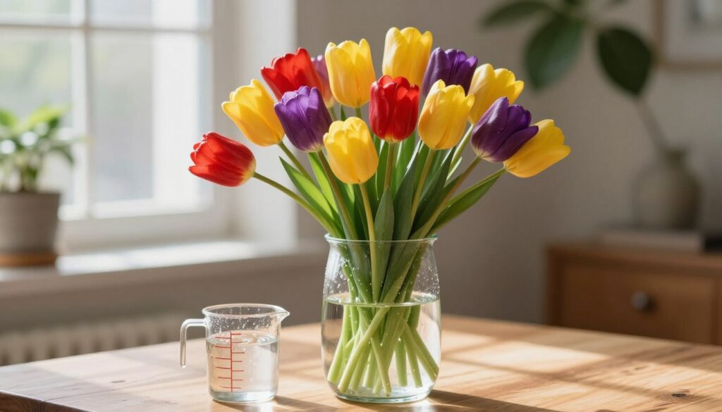 A clear glass vase filled with fresh, vibrant tulips in various colors – red, yellow, and purple – sitting on a wooden table. The vase is partially filled with crystal clear water, with droplets visibly clinging to the sides. In the foreground, a small measuring cup sits next to the vase, indicating the exact amount of water to use for tulips. The middle ground features soft, diffused natural light filtering in from a nearby window, casting gentle shadows. The background is softly blurred, highlighting a serene home environment with leafy plants, creating a calming atmosphere. Emphasize an inviting, fresh feel, illustrating optimal conditions for tulip maintenance.